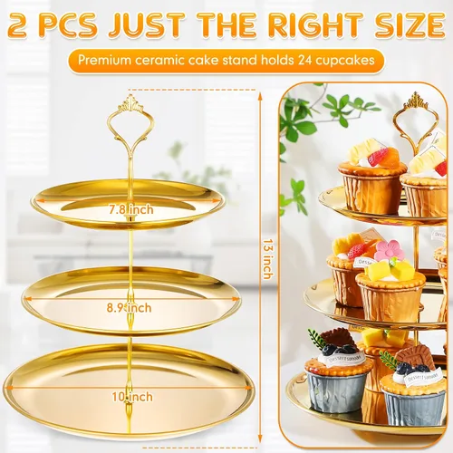 Miniatura 2 de Yaomiao Juego de 2 bandejas doradas de 3 niveles para servir con base de acero inoxidable para cupcakes, soporte para mesa de postre, juego