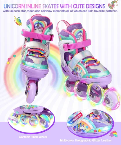 Miniatura 2 de Patines en línea de unicornio arcoíris para niñas, adolescentes y mujeres, patines 4-Pejiijar para niñas de 6 a 8 a 12 años con ruedas luminosas