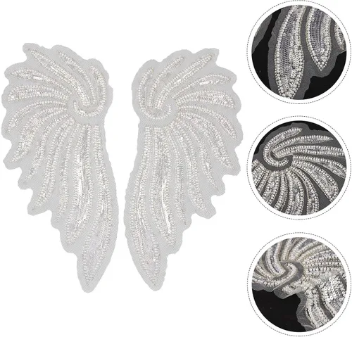 Miniatura 5 de Sew on Wing Patches Embroidery Appliques for Clothing and Jackets, 1 Pair Light Silver Sequin Decorative DIY Costume Embellishments for Women