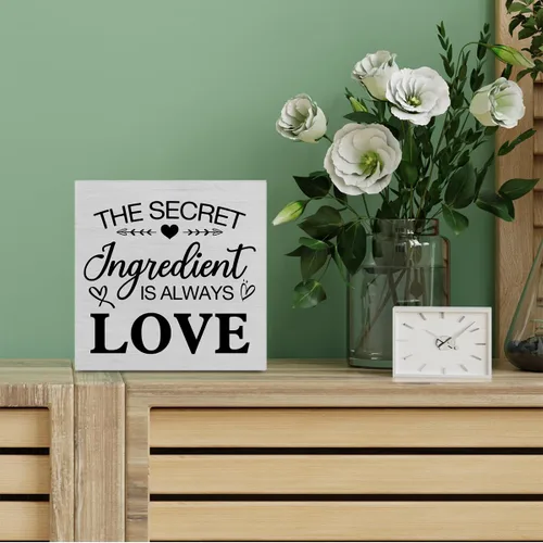 Miniatura 5 de Letrero de madera rústica para cocina, decoración de escritorio, con texto en inglés "The Secret Ingredient Is Always Love", letrero de bloque