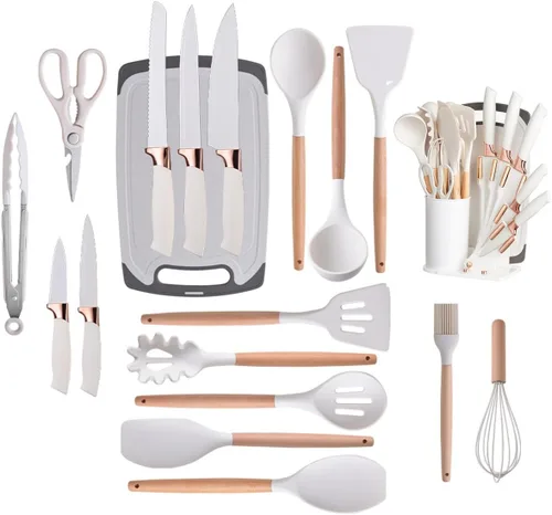 Miniatura 9 de Juego de utensilios de cocina y cuchillos de cocina de 19 piezas con bloque de soporte, incluye 11 utensilios de cocina de silicona, 5 cuchillos
