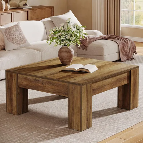 Miniatura 9 de Tribesigns Mesa auxiliar cuadrada de madera de 39 pulgadas con patas resistentes, mesa central rústica para sala de estar, fácil montaje, marrón