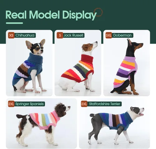 Miniatura 8 de Kuoser Suéter grande para perro, suéteres de punto de cuello alto para perros grandes, rayas coloridas, chaleco de punto para mascotas, ropa cálida