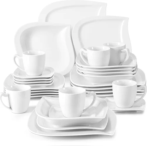 Miniatura 10 de MALACASA Juego de platos y cuencos, juego de vajilla de porcelana de 12 piezas para 4, platos cuadrados y cuencos para postre, ensalada y sopa