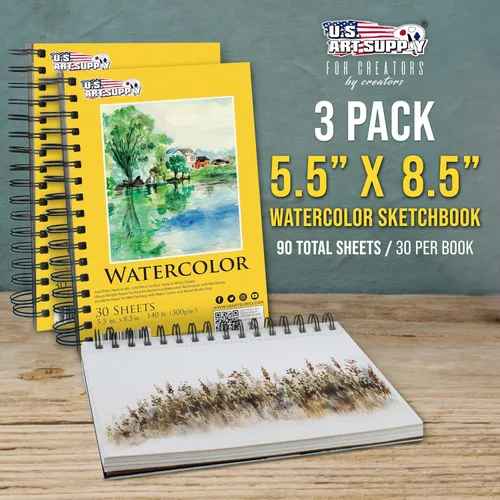 Miniatura 2 de U.S. Art Supply Bloc de papel de acuarela pesado de alta calidad de 5.5 x 8.5 pulgadas, paquete de 3 (30 hojas cada uno), 140 libras (10.58 oz/m²)