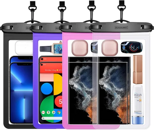 Miniatura 10 de Paquete de 4 fundas impermeables grandes para teléfono de 10.5" - Soporte transparente para celular bajo el agua - Bolsa seca universal a prueba