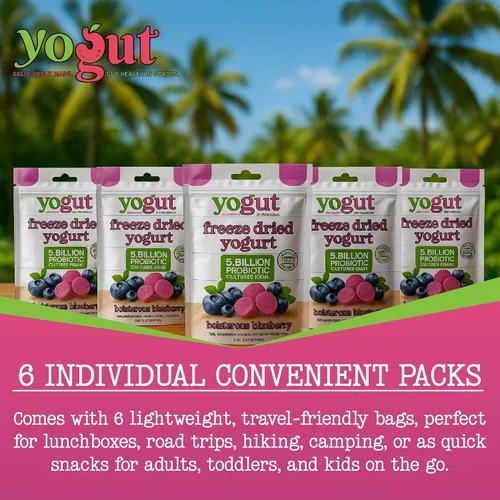 Miniatura 7 de YoGut Bocadillo de yogur liofilizado, arándano, paquete de 6, aperitivos saludables para niños, niños pequeños y adultos, sin gluten, sin OMG, con 5