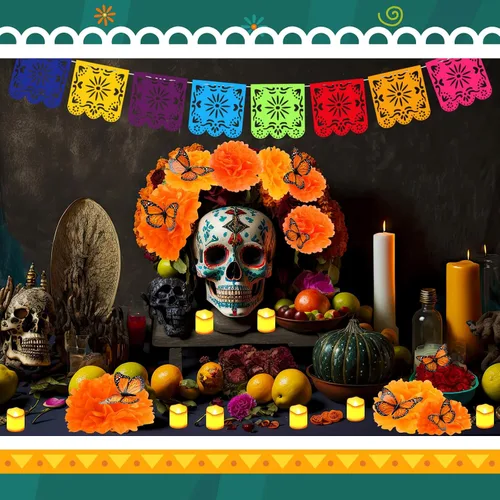 Miniatura 5 de Newwiee Juego de 82 piezas de altar del Día de los Muertos, velas LED sin llama, abanico de flores de caléndula, abanico de flores monarca, Bonito