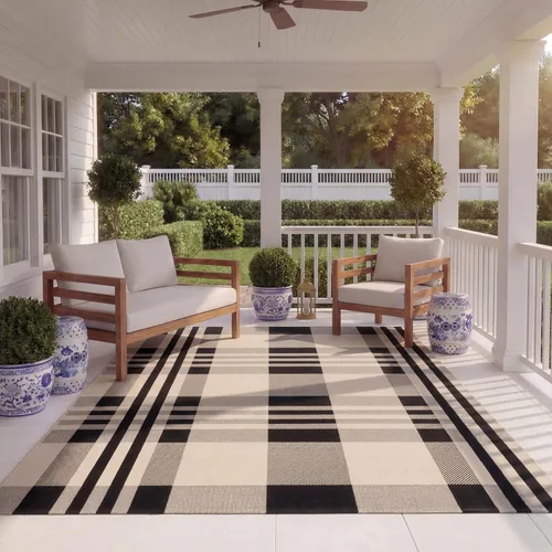 Miniatura 9 de SAFAVIEH Alfombra Lavable para Exteriores Colección Courtyard - 2'3" x 4', Beige y Azul, Patrón a Cuadros, No Desprende Pelusa y Fácil Limpieza