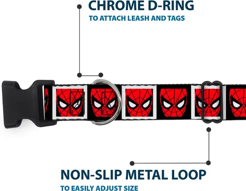 Miniatura 5 de Buckle-Down Collar de perro Clip de plástico Spider Man Face Bloques blancos negros de 6 a 9 pulgadas de 0.5 pulgadas de ancho, multicolor