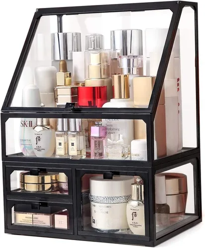 Miniatura 4 de MOOCHI Organizador de maquillaje cosmético de vidrio vintage negro con 3 cajones, juego de polvo impermeable para cosméticos, vitrina