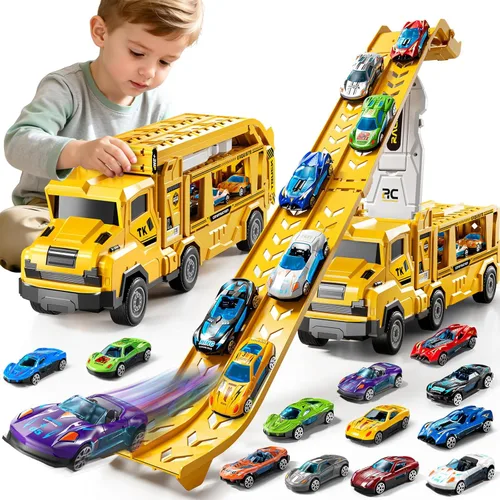 Miniatura 10 de Juego de camiones de transporte para niños de 3 en 1 con pistas de juguetes para niños de 2 a 4 años con 12 juguetes de autos de carreras, pista