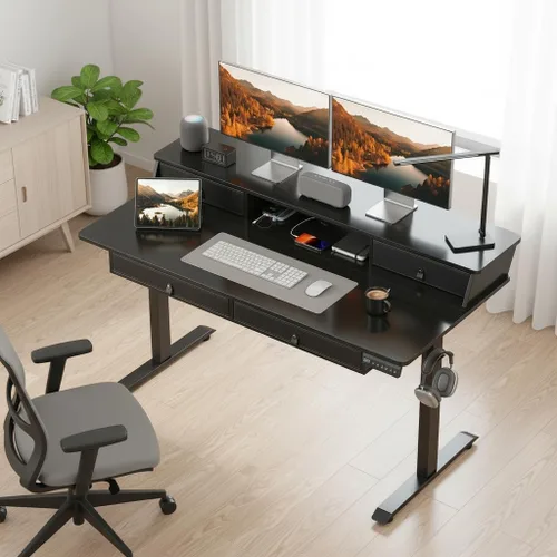 Miniatura 2 de Tangkula 55-Inch Electric Standing Desk with 4 Storage Drawers & Monitor Stand, Height Adjustable Stand Up Desk with 3 Memory Heights & Hook