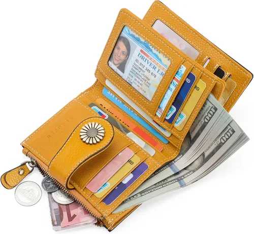 Miniatura 63 de SENDEFN - Billetera pequeña de piel auténtica para mujer, diseño plegable con ventana para tarjeta de identificación
