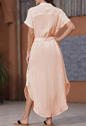 Miniatura 5 de AOHITE Vestido de manga corta con botones para mujer, vestido maxi de playa