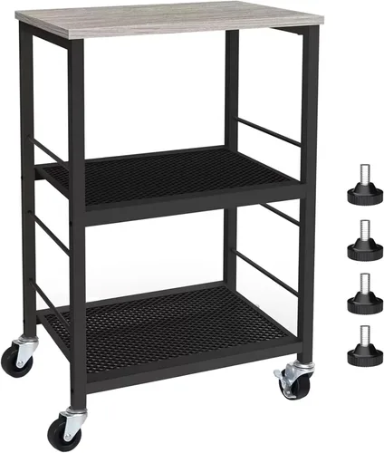MOOACE Mesa auxiliar rústica de 3 niveles con rueda, mesa de noche con estante de almacenamiento para dormitorio, cocina, sala de estar y oficina,