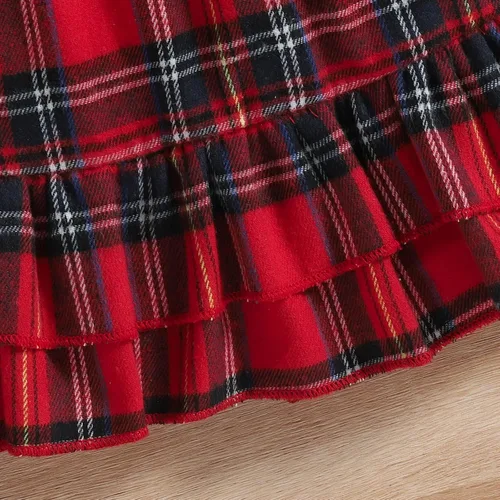 Miniatura 5 de Conjunto de cinturón de vestir de manga larga con volantes y estampado a cuadros para niñas pequeñas rojo 4-5 años