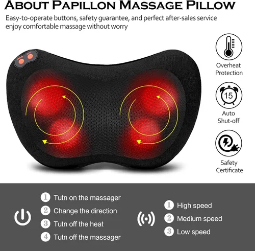 Miniatura 3 de Papillon - Masajeador de espalda con calor, almohada de masaje Shiatsu para cuello, hombros, pies y espalda baja, alivio del dolor de tejido