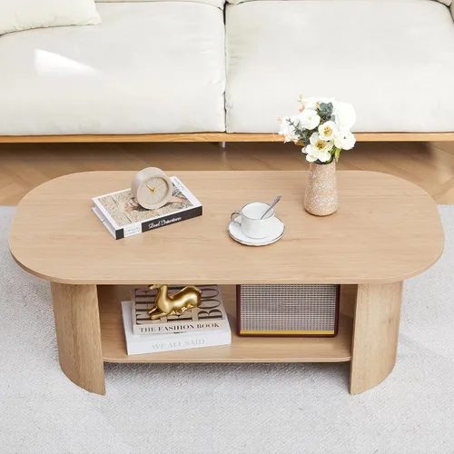 Miniatura 15 de Mesa auxiliar ovalada de 43.3 pulgadas, mesa de centro acanalada con compartimento de almacenamiento oculto, mesa de comedor moderna de mediados