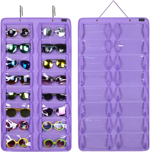 Miniatura 16 de AROUY Organizador de gafas de sol, organizador de gafas con bolsillo para colgar en la pared - Organizador de gafas de sol con 16 ranuras de fieltro