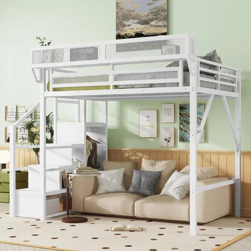 Miniatura 8 de KEIKI Base de cama de metal tamaño individual con escalera convertible, estantes de almacenamiento integrados y armario, cama alta con listones