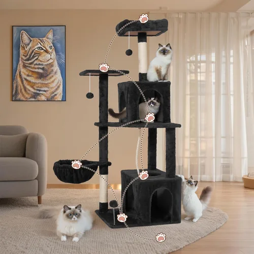 Miniatura 5 de Torre de árbol para gatos de varios niveles de 54 pulgadas con hamaca, condominios y postes rascadores, muebles grandes para gatos
