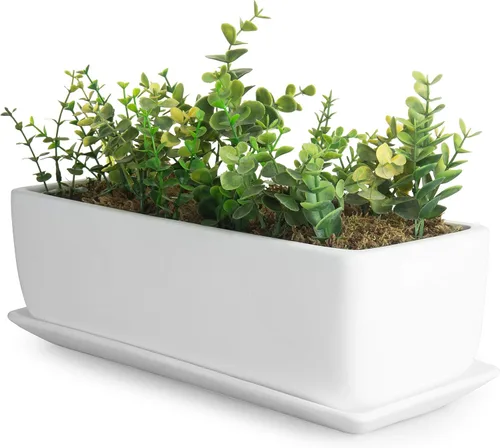 MyGift Maceta de Cerámica de 14 Pulgadas para Plantas de Interior con Agujero de Drenaje, Maceta Rectangular para Suculentas con Caja Abierta y