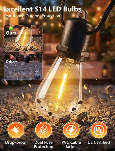 Miniatura 7 de 50FT LED Outdoor String Lights Waterproof with 27 Edison Vintage Shatterproof Bulbs, Hanging Commercial Grade Outdoor Patio Lights for Backyard