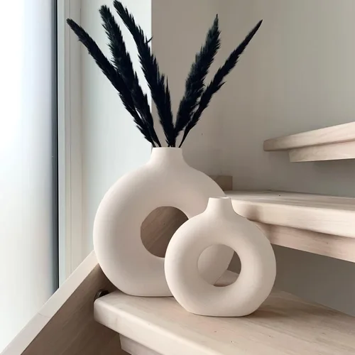 Jarrones de cerámica para decoración del hogar, juego de 2 jarrones de dona, jarrones modernos, jarrones blancos para estantería, repisa, mesa,