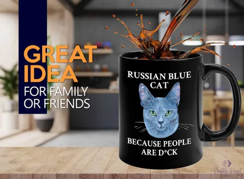 Taza de café para amantes de los gatos, 11 onzas, color negro, gato azul ruso, regalo para amantes de los animales, regalo para propietario de
