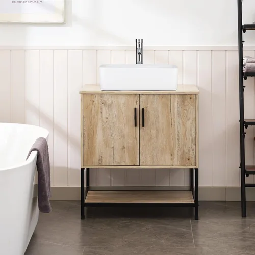 Miniatura 4 de UEV Mueble de baño de roble rústico de 30 pulgadas con fregadero, marco de hierro industrial con puertas y estante, con moderno combo de fregadero