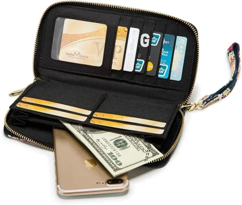 Miniatura 54 de Cartera de mano para mujer, estilo bohemio, con RFID, elegante, espaciosa con correa para viajes, capacidad para tarjetas, teléfono, dinero