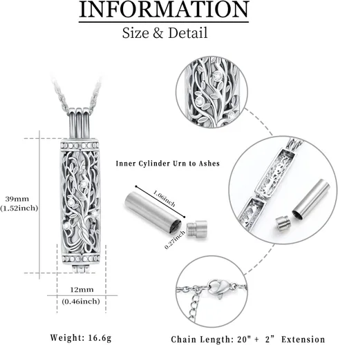 Miniatura 23 de shajwo Joyería de cremación cilíndrica, collar de cenizas de urna del árbol de la vida para mujeres y hombres, vial de cremación de cenizas