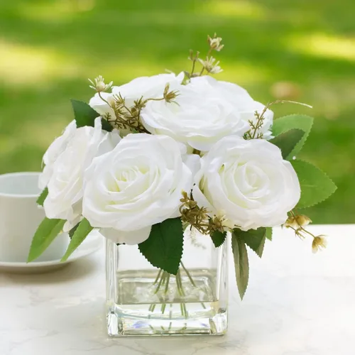 Miniatura 6 de ENOVA FLORAL 9 cabezas de rosas artificiales en jarrón, rosas falsas con jarrón de cristal para decoración (azul)