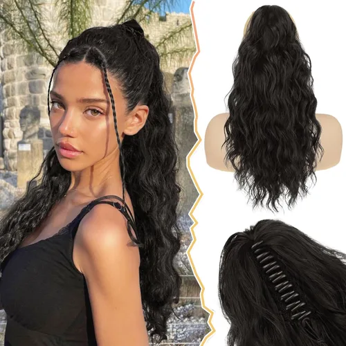 Miniatura 29 de BARSDAR Extensión de cola de caballo negra, extensiones de cabello de cola de caballo con clip de garra de 18 pulgadas para mujer, extensiones