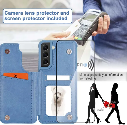 Miniatura 4 de VANAVAGY Funda tipo cartera compatible con Galaxy S22 con soporte para tarjetas de bloqueo RFID, piel sintética, cierre magnético, función atril