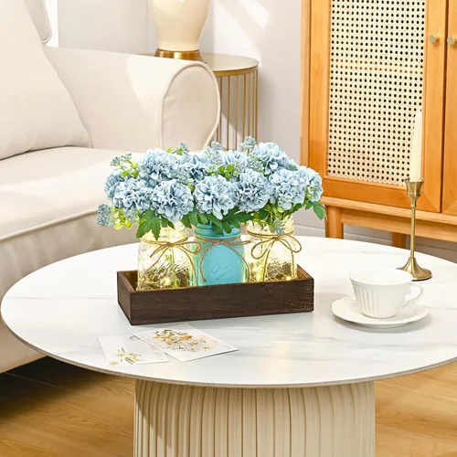 Miniatura 5 de BLEUM CADE Decoración de mesa de centro de mesa, 3 piezas de flores artificiales de hortensias en frascos Mason con bandeja de madera para mesa
