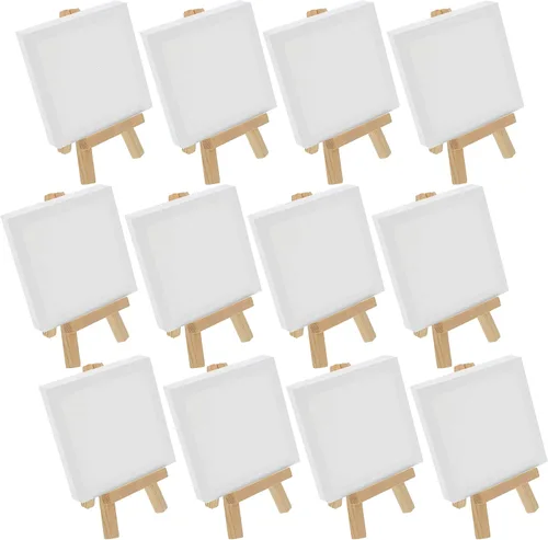 Miniatura 7 de U.S. Art Supply Lienzo estirado de 2 x 2 pulgadas con kit de caballete de 5 pulgadas (paquete de 12) – Soporte de mesa de madera natural con marco