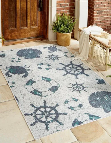 Miniatura 12 de Unique Loom Outdoor Coastal Collection - Alfombra Marmaris (2 pies x 6 pies 1 pulgada, color marfil/azul marino)