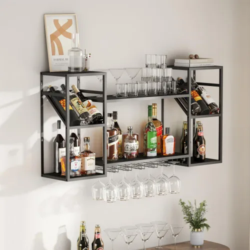 Miniatura 5 de KaKaBB Estante de vino montado en la pared, estantes de metal de 47 pulgadas de 2 niveles con soporte para vidrio, capacidad para 30 botellas y de 6