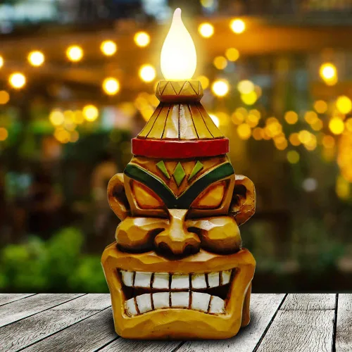 Miniatura 11 de Estatua Solar Tiki - Pájaro Carpintero de Madera - Jardín Hawaiano - Luz Solar para Exteriores, Esculturas y Estatuas de Jardín, Poste Tótem