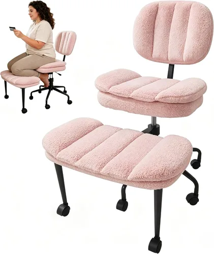 Miniatura 19 de Silla cruzada con reposapiés, silla de oficina giratoria de piel de oveja sintética de 360°, asiento extra ancho con comodidad similar al sofá, Lana