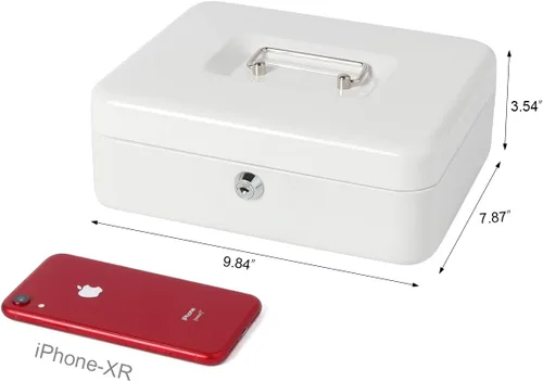 Miniatura 5 de Caja de dinero con bandeja de dinero y cerradura, caja de dinero de metal para efectivo, caja de seguridad 9.84 x 7.87 x 3.54 pulgadas, color blanco