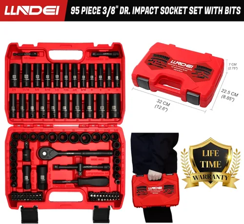 Miniatura 3 de LLNDEI Juego de llaves de impacto de 3/8", SAE estándar (5/16 a 3/4-pulgada) Tamaño métrico (8-22mm), 95 piezas, kit profundo y poco profundo