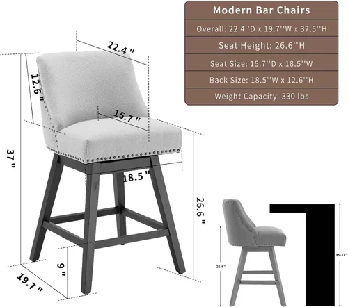 Miniatura 3 de Juego de 2 taburetes de bar giratorios modernos, taburetes de bar de 26.6 pulgadas de altura de mostrador beige con respaldo para isla de cocina