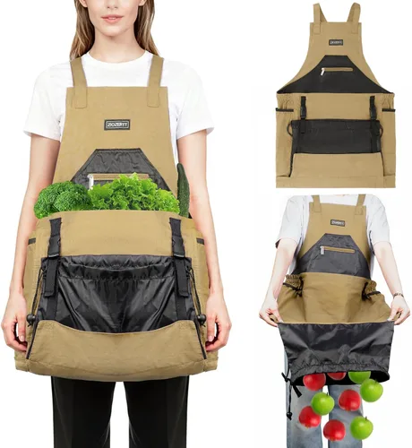 Delantal de jardín, delantales de cosecha con bolsillos para mujeres y hombres, cinturón de herramientas de jardinería de lona, regalos de Marrón