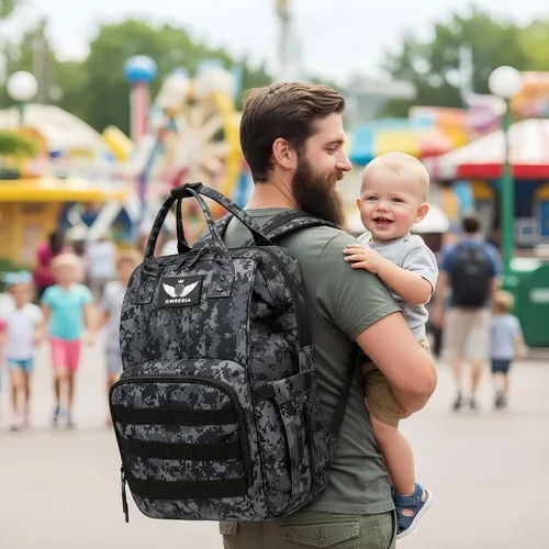 Miniatura 6 de Mochila para pañales con puerto de carga USB, correas para cochecito y bolsillo aislado, mochila militar del ejército de viaje para papá/mamá negro