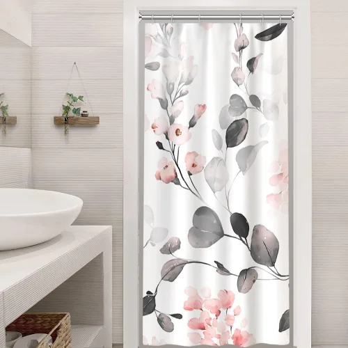 Miniatura 22 de Cortina de ducha pequeña de eucalipto azul acuarela, juego de cortinas de ducha pequeñas impermeables con diseño floral de primavera con ganchos, 36