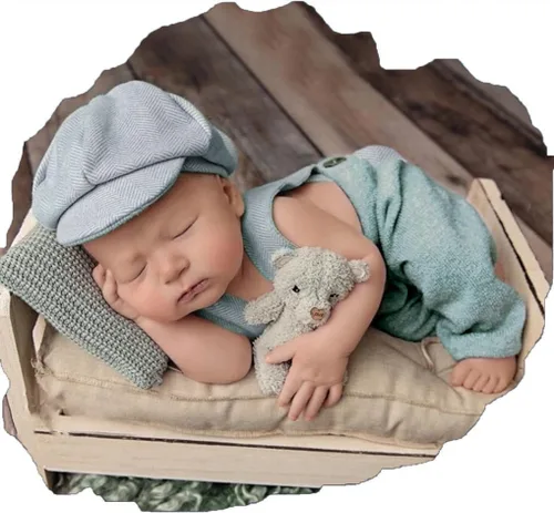 Ylsteed Trajes de Fotografía para Recién Nacidos - 2 Piezas para Niño y Niña, Traje de Caballero con Pantalones con Tirantes y Boina, 0-3 Meses Azul