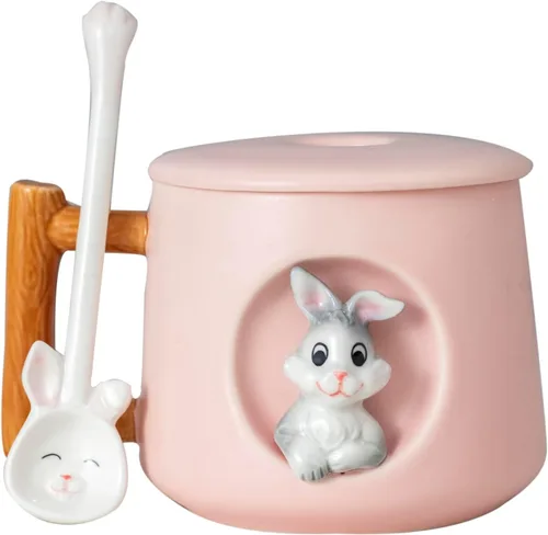 DIHOclub Adorable Taza de Cerámica 3D de Conejo con Tapa y Cuchara Perfecta para Café, Té, Leche y Más - Regalo Ideal para Amantes de los Conejitos